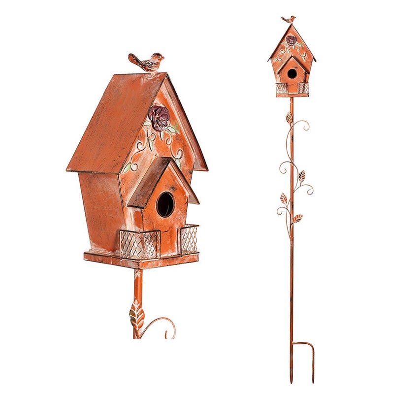 MOCOME Dutch Cottage Bird House Stakes for Outside with Pole, Distressed Metal Birdhouse Stand for Outdoor Garden Decor(58") - Image 1